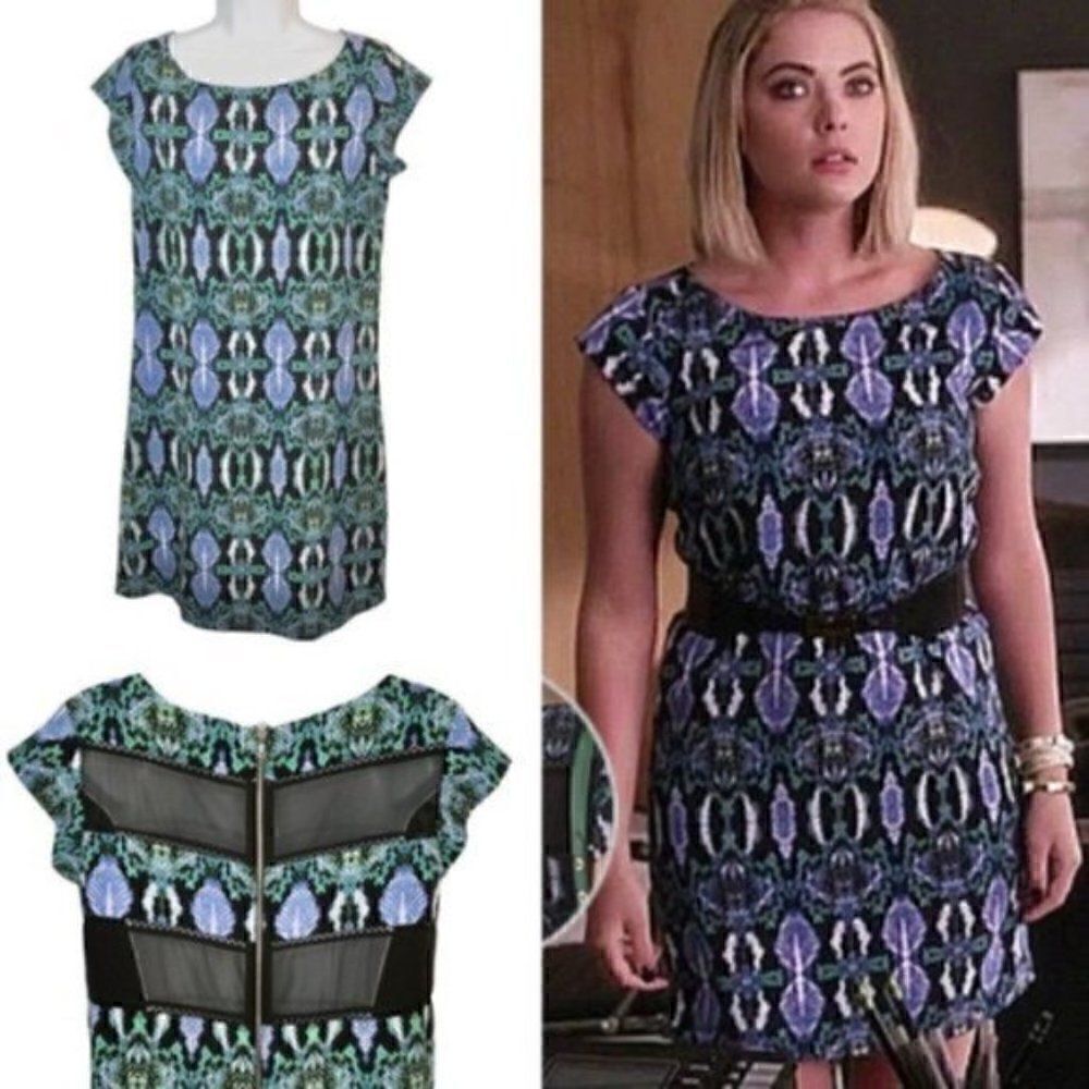 Sam Edelman Snake Print Mesh Panel Dress Knit Shift Green Blue Black M